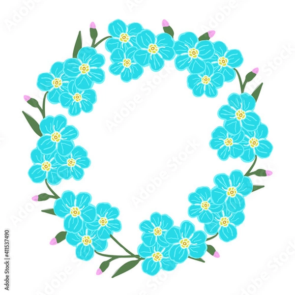 Fototapeta vector wreath of flowers and forget me not buds:the inscription Spring, an inflorescence of forget-me-not buds, a small bouquet blue, pink, green, frames.Stock illustration