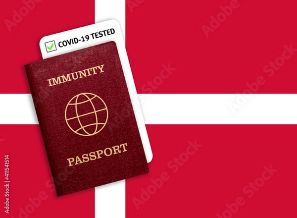Fototapeta Immunity passport and test result for COVID-19 on flag of Denmark
