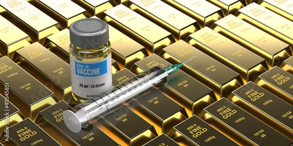 Fototapeta Covid-19 vaccine and investment, banking business concept: 3d rendered  pharma injection bottle and syringe on gold bars in brick wall background. Many shiny ingots. Health, wealth, medicine and money