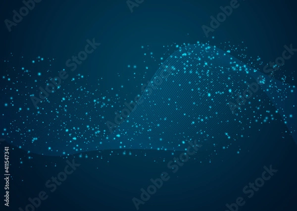 Fototapeta Abstract digital wave blue on dark background. Wire frame 3D mesh network line, design sphere, dot and structure. Vector illustration eps 10.