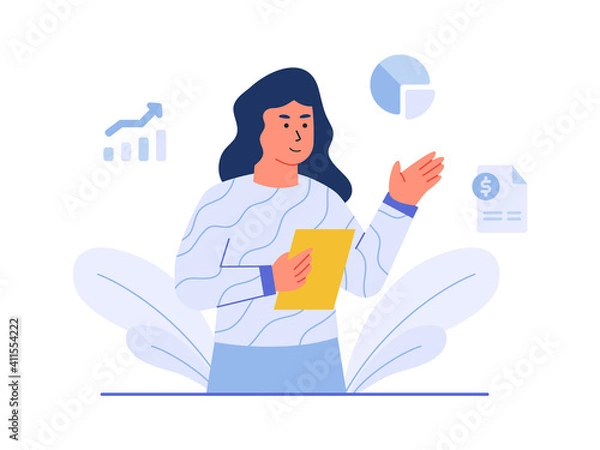 Fototapeta finance character women hold paper background of pie chart bar chart invoice with cartoon flat style