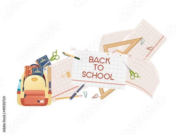 Fototapeta Back to school banner with signa stationery and books in backpack vector illustration on white background
