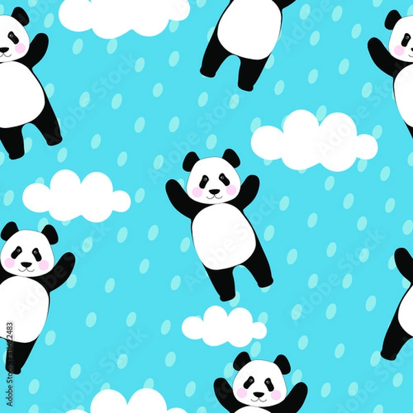 Fototapeta Seamless pattern with dreamy pandas and clouds in the blue sky. Chinese bear for printing on fabric, textiles, bedding, festive paper. Vector graphics.