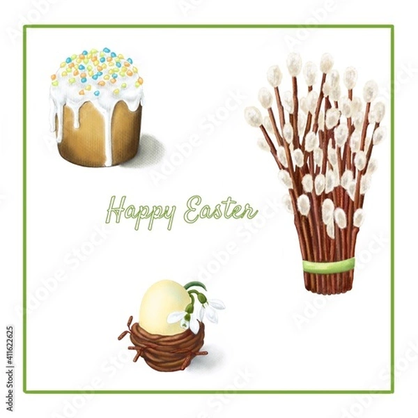 Obraz Easter decorations. Cake,egg and willow. Pastel illustration.