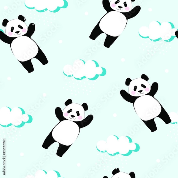 Fototapeta Seamless pattern with dreamy pandas and clouds in the blue sky. Chinese bear for printing on fabric, textiles, bedding, festive paper. Vector graphics.