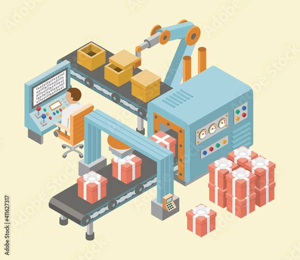 Fototapeta Isometric industrial factory horizontal banners with automated lines of production assembly and packaging processes vector illustration