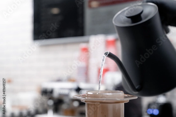 Obraz Making press coffee. Add watter over natural background.