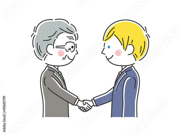Fototapeta 握手をする日本人と白人のビジネスマンのイラスト