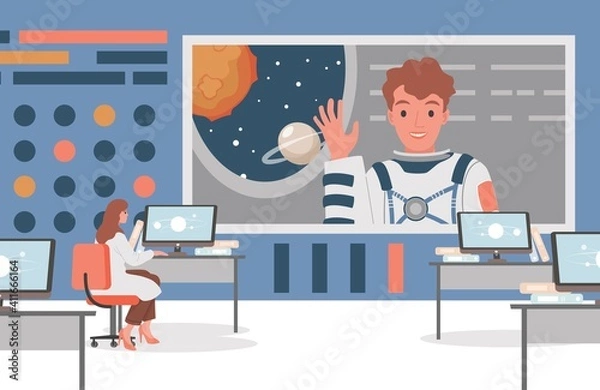 Obraz Space flight control center vector flat illustration. Scientist woman in white robe talking on satellite link with an astronaut. Mission control, space flight, and expedition monitoring.