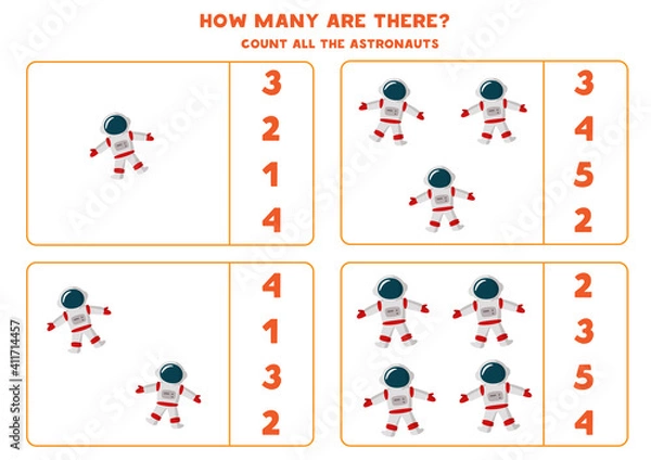 Fototapeta Counting game with cartoon astronauts. Math worksheet.