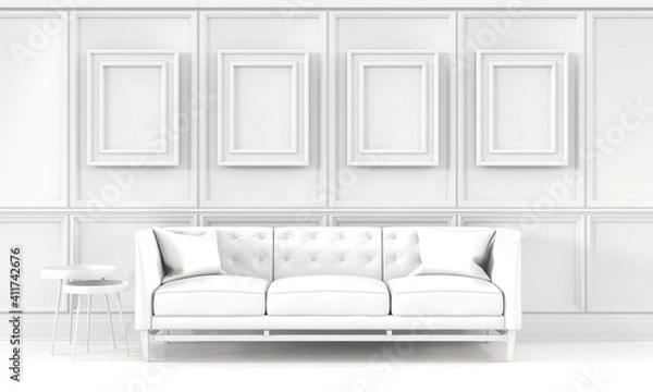 Fototapeta Indoor mockup,white living room with a blank picture frames,  side tables, sofa and cushions.  3D rendering illustration. Real estate, interior design decoration concept.