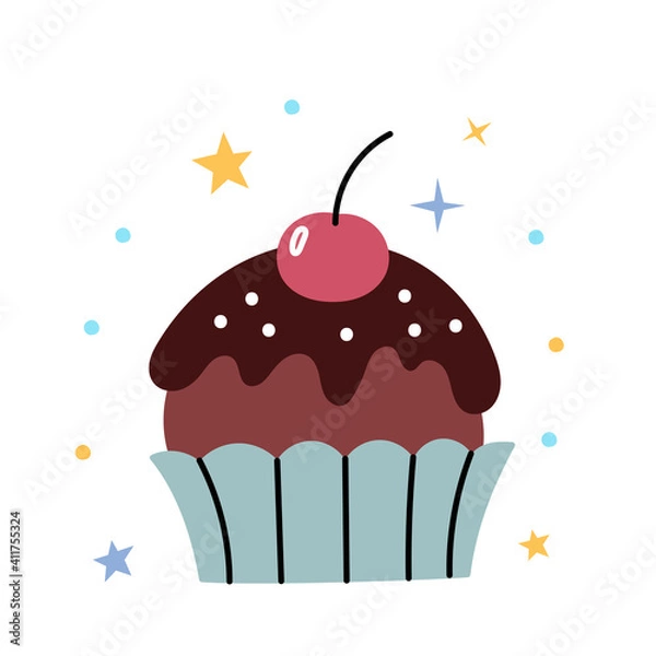 Fototapeta Chocolate muffin with cherries in modern pastel colors. Picture for Valentine's Day. Romantic mood. Stylish picture in flat style.