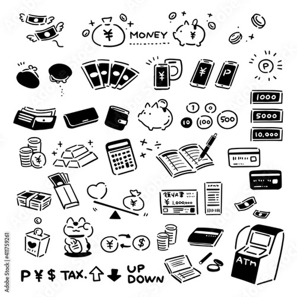 Obraz お金 アイコン モノクロ 手描き セット
