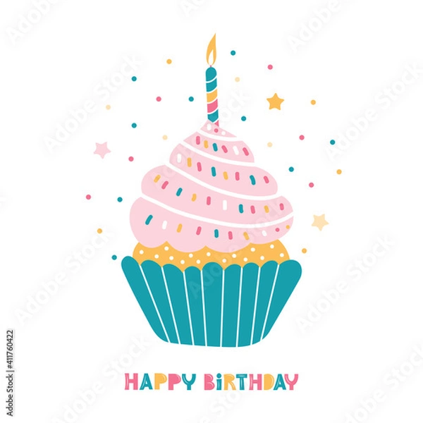 Fototapeta Birthday cake with candles. Bday of the baby one year. Anniversary of the child. Festive greeting card. Cupcake with cream on a white background. Hand drawn illustration in the Scandinavian style.