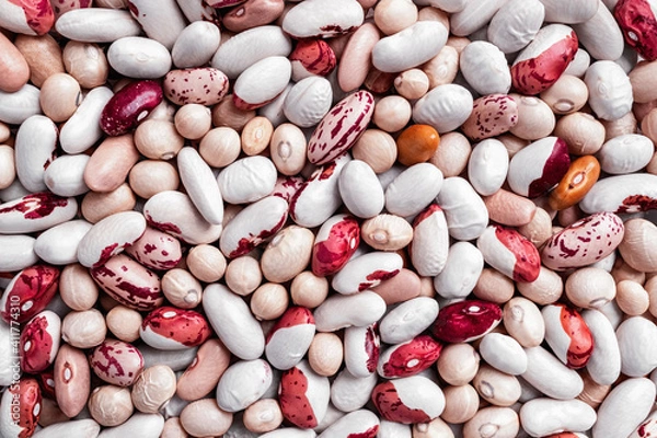 Fototapeta Mixed beans texture. Food background from various kinds of peeled beans. Top view, flat lay