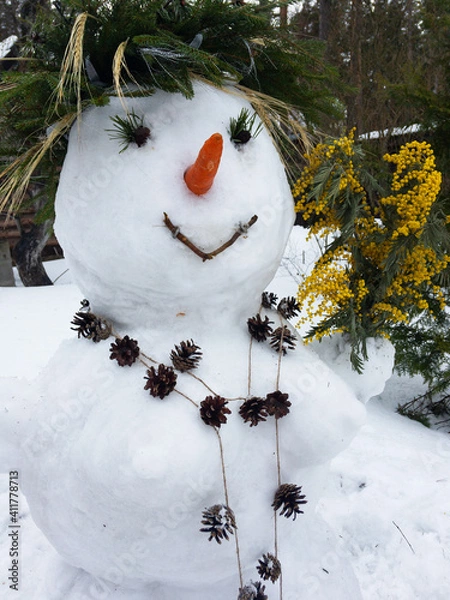 Obraz Snowman decorated with mimosa, beads, strobilus, carrot