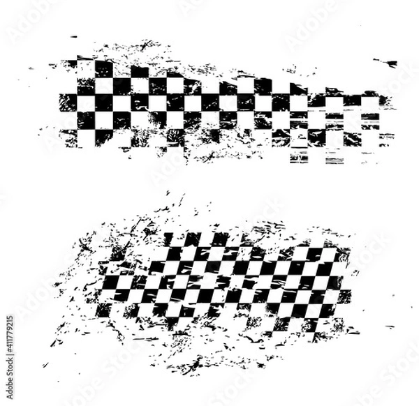 Fototapeta Race flag grunge pattern, vector checkered monochrome sport racing flag texture isolated on white background. Symbol for motocross sports tournament, car rally competition, checker design element