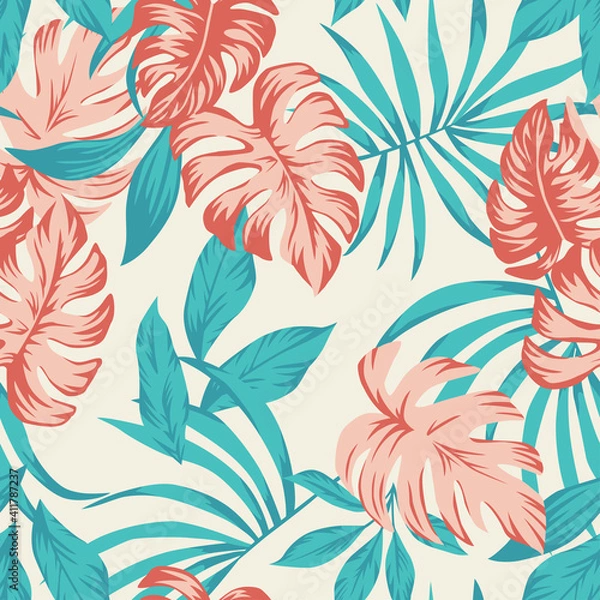 Obraz Beach cheerful seamless pattern wallpaper of vector tropical leaves of palm trees on a light yellow background
