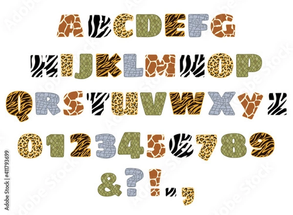 Fototapeta Handdrawn alphabet letters and numbers set with jungle animals skin pattern. Vector illustration