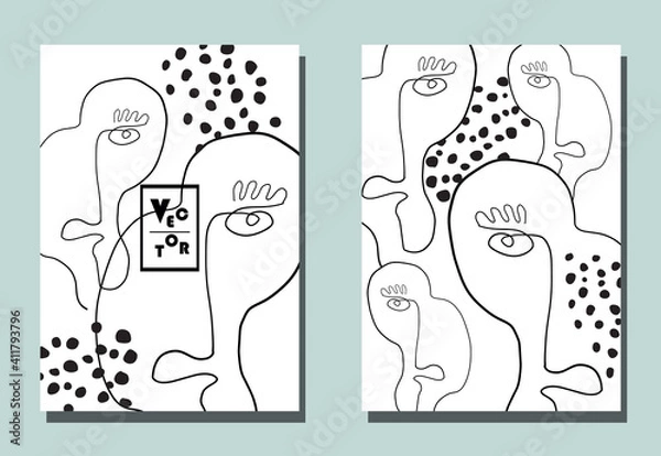 Fototapeta Trendy covers with graphic elements - abstract shapes and linear portraits. Two modern vector flyers in avant-garde  style.