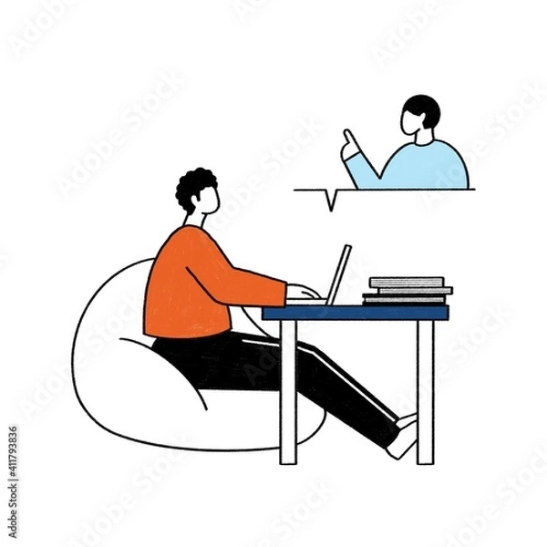 Fototapeta リモートワークをする男性　カラー　手描きイラスト