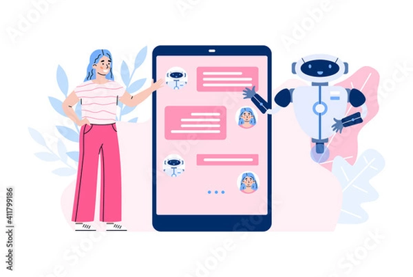 Obraz Smart chatbot for service and support customers. Girl communicate in chat mobile phone with virtual assistant, artificial intelligence. Vector illustration.
