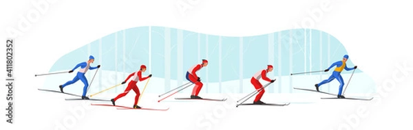 Fototapeta Skiers in sportswear are skiing classic style. Athletes participate in winter sports competition. The leader of pelothon tries to win a sprint race.Vector flat design web banner illustration