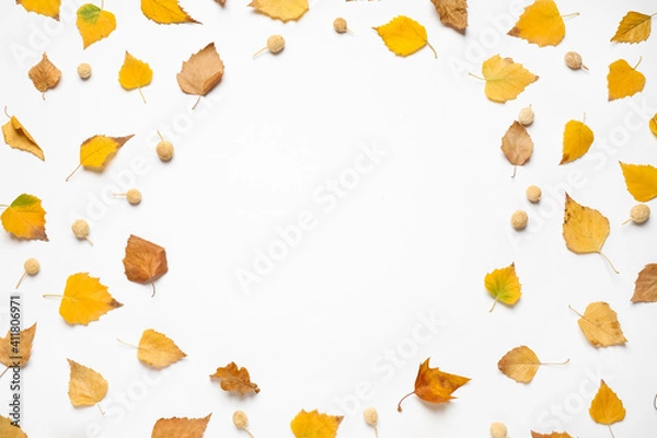 Fototapeta Flat lay composition with autumn leaves and space for text on white background