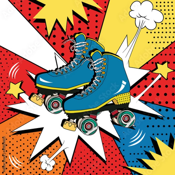 Fototapeta Pop art illustration with rollers. Retro roller skates with four wheels, bright illustration.
