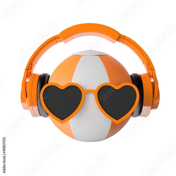Fototapeta beach ball with sunglasses and headphones on white background 3d rendering