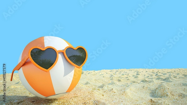 Fototapeta beach ball with sunglasses on the beach,blue background summer vacation concept 3d rendering