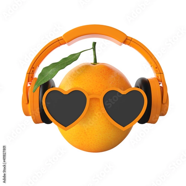 Fototapeta orange with sunglasses and headphones on white background 3d rendering