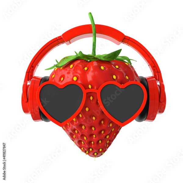 Fototapeta strawberry with sunglasses and headphones on white background 3d rendering