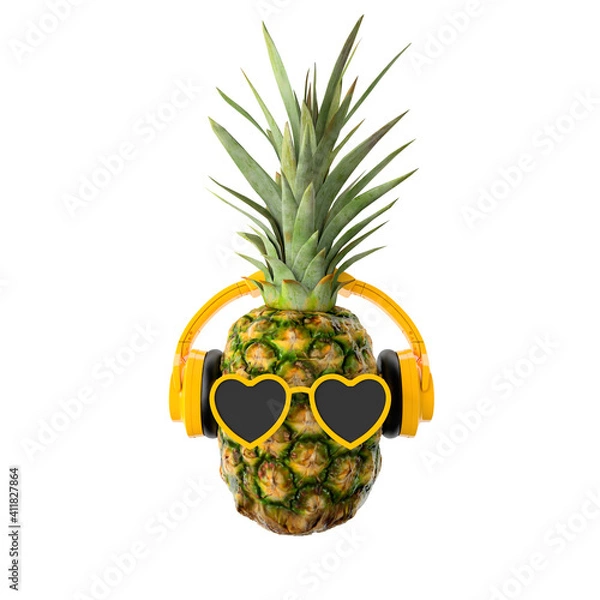 Fototapeta pineapple with sunglasses and headphones on white background 3d rendering