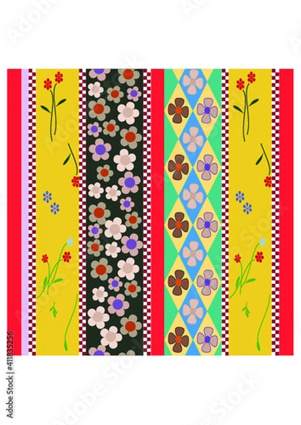 Fototapeta  Seamless colorful striped pattern and flowers. Vector pattern