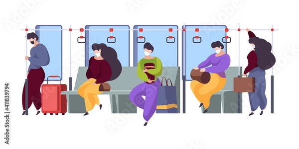 Fototapeta Public transport interior. People masked distance sitting in subway or bus modern inside train tired persons garish vector background flat illustration. Subway public in quarantine, passenger in mask