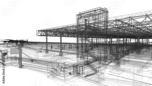 Fototapeta View of BIM model of the building at wareframe mode