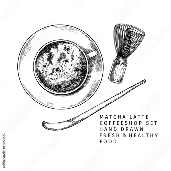Fototapeta Coffeeshop and bakery set. Hand drawn top view of matcha mug, chasen, spoon. Traditional asian beverage and barista equipment. Vector engraved icon set. Restaurant branding template, menu design.