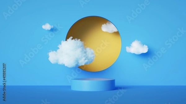 Fototapeta 3d render, abstract blue background with white clouds and yellow round hole. Simple geometric showcase scene with empty podium stage for product presentation