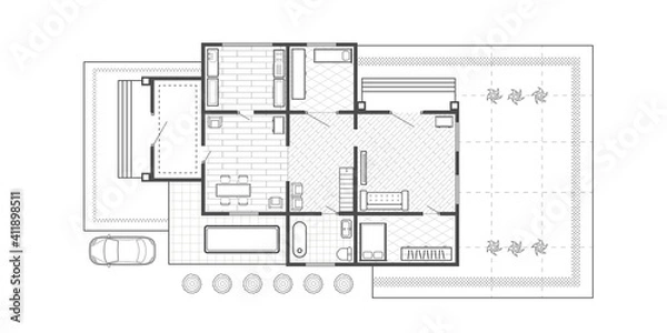 Fototapeta House architectural plan .Technical drawing background.Engineering design .Vector , illustration.	