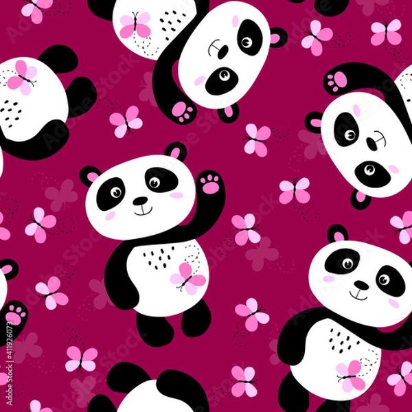Obraz Seamless pattern with cute panda baby, butteerfly on color background. Funny asian animals. Card, postcards for kids. Flat vector illustration for fabric, textile, wallpaper, poster, wrapping paper.