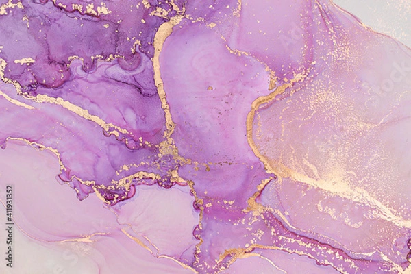 Fototapeta Luxury abstract fluid art painting in alcohol ink technique, mixture of lilac and pink paints.  Imitation of marble stone cut, glowing golden veins. Tender and dreamy design. 
