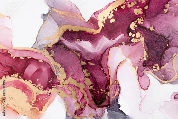 Fototapeta Luxury abstract fluid art painting in alcohol ink technique, mixture of red and maroon paints.  Imitation of marble stone cut, glowing golden veins. Tender and dreamy design. 