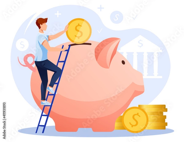 Obraz Big piggy bank, man on the ladder is putting coin in the piggy bank, stack of gold coins. Bank, budget, finance, money savings concept. Isolated vector illustration for poster, banner, advertising. 