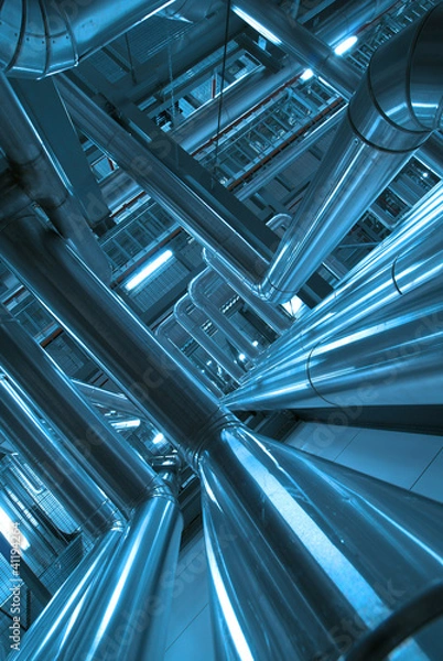 Fototapeta Equipment, cables and piping as found inside of  industrial powe