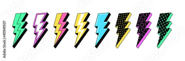 Obraz Isolated Lightning bolt signs. 4st set of flash thunderbolts with texture for zine retro culture