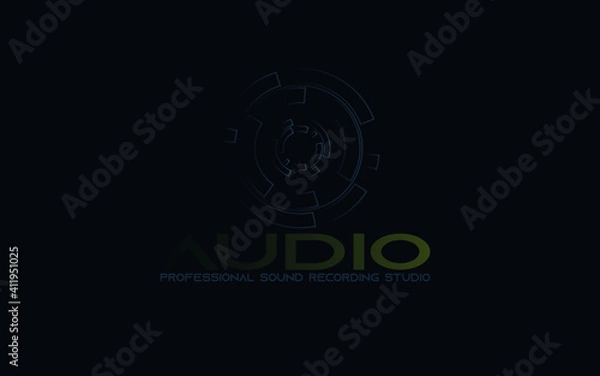 Obraz DJ Dance Party Logo, Recording Studio Emblem, Audio Wave and Light Dark Gradient Background