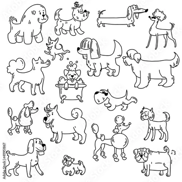 Fototapeta Set of illustrations of dogs. Coloring page. Doodle icon. Vector illustration of a dog. Editable element.