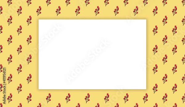 Fototapeta Pop art festive mockup and seamless pattern of red berries branch, patel background, blank copy space sheet of paper