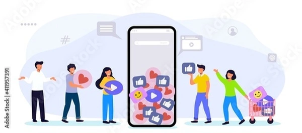 Fototapeta Like time Concept of referral marketing Refer a friend loyalty program Promotion method People liking social media posts on a smartphone and influencer earning with engaging marketing strategies